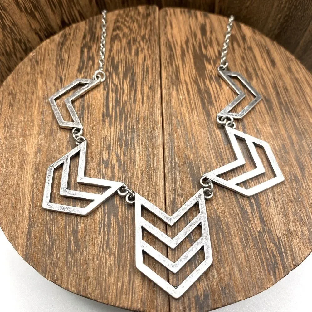 Silver Chevron Geometric Pendant Necklace Modern Boho Festival Coastal Cowgirl